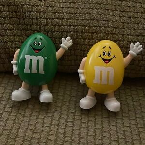 Vintage 1991 Yellow & Green M&M Mars 3.5” Candy Dispensers (2)